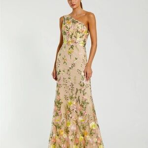 Mac Duggal One-Shoulder Floral Dress in Cream, Yellow, and Pink